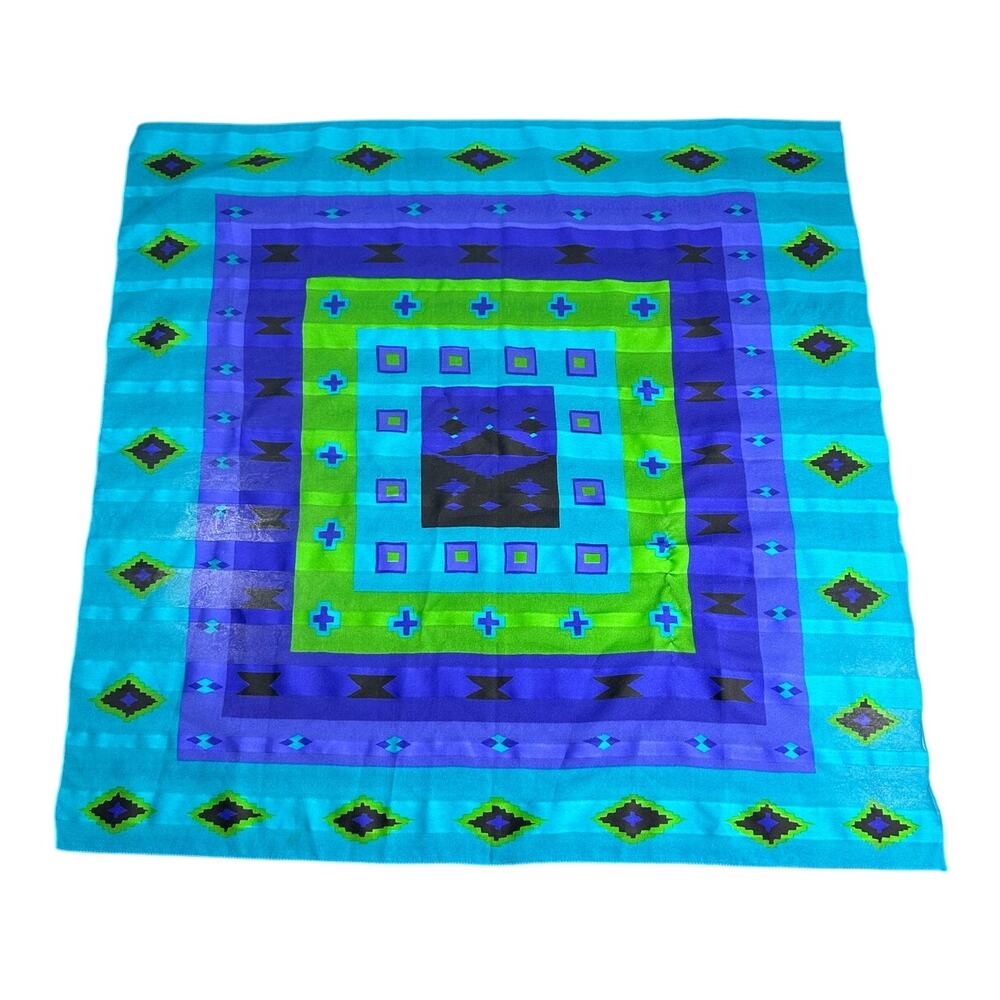 Vintage Southwestern- Bright Blue Green Black- Geometric Square Scarf 30x30"